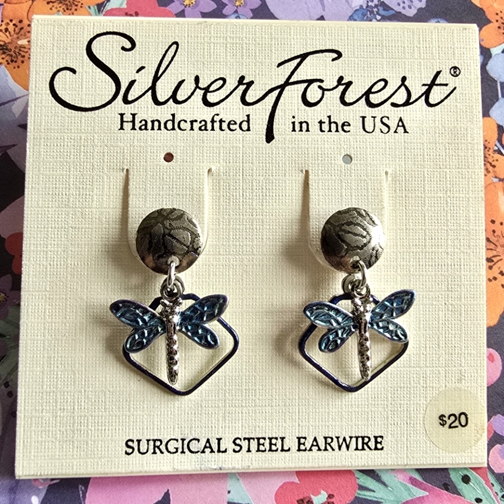 NWT Silver Forest earrings silver blue dragonfly insect bug damselfly fly